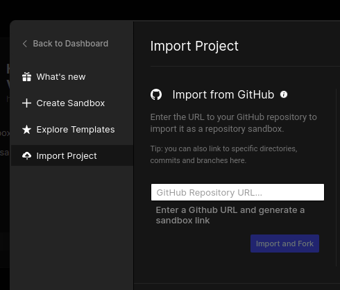 Screenshot of Import Project in the create sandbox window